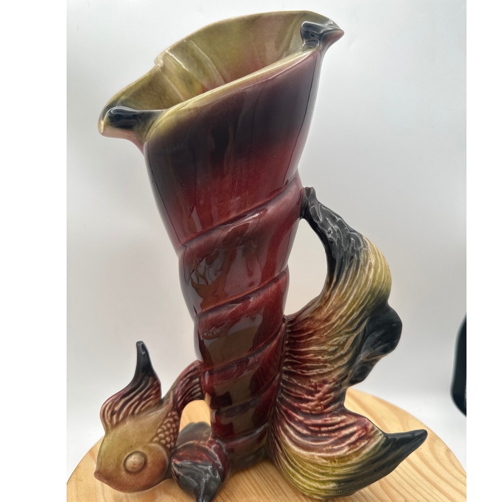 Vintage 50s Hull Pottery Ebb Tide Fish & Shell Cornucopia Vase 11" Unmarked MCM